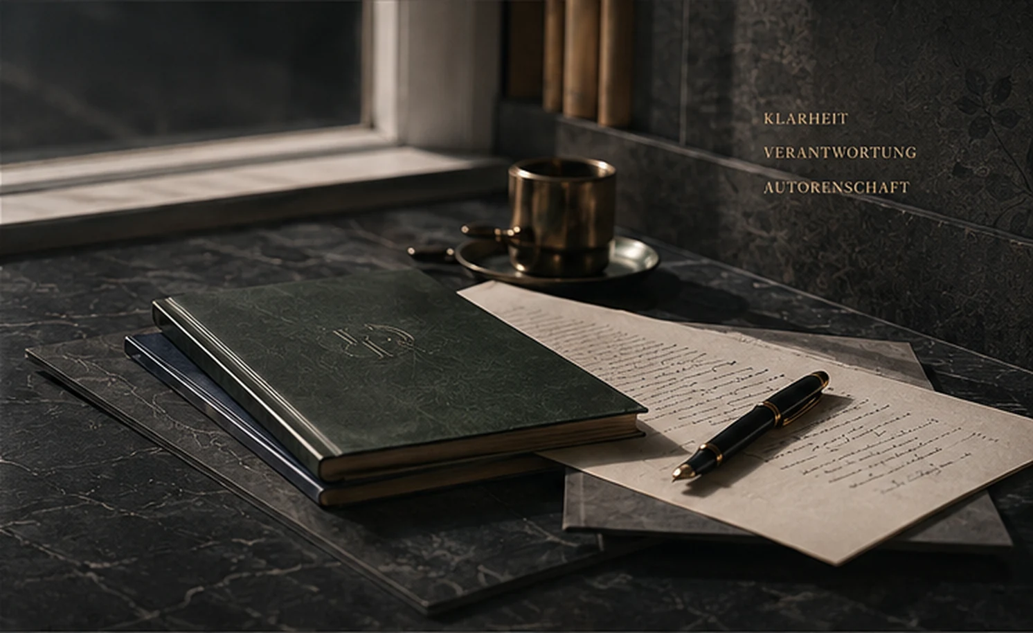 Ruhiger Arbeitsraum mit Büchern, handschriftlichen Notizen und Stift